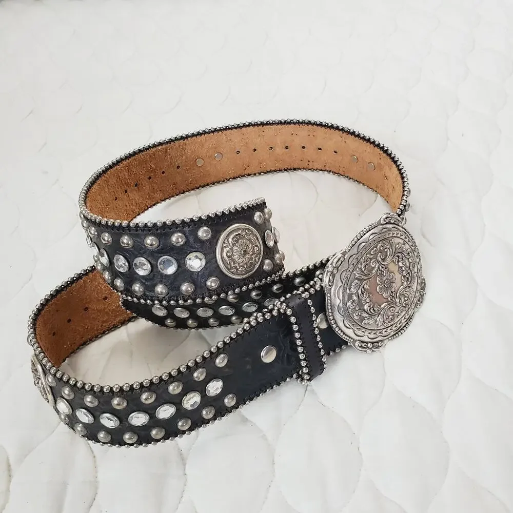 Vintage Women's Leather Belt Detailed Rhinestone Flower Studded Black & Silver